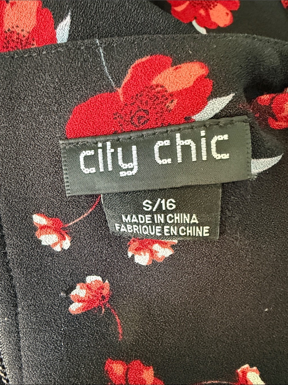 City Chic Black Belted Dress with Red Floral Print - Picture 2 of 6